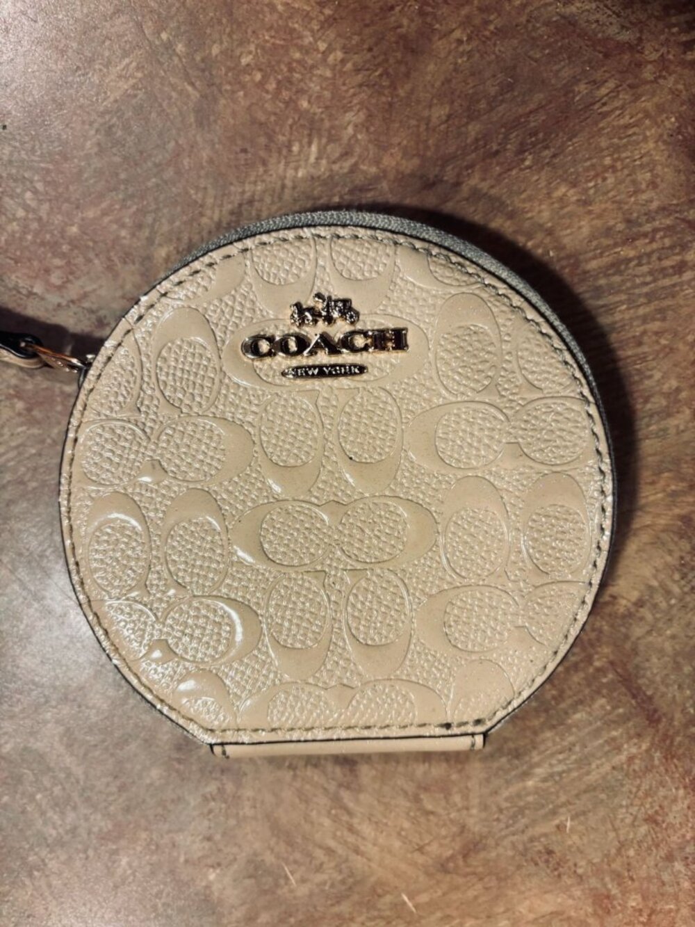 Coach Beige Signature Embossed Leather Round Coin Purse With Gold-Tone Zip Closu